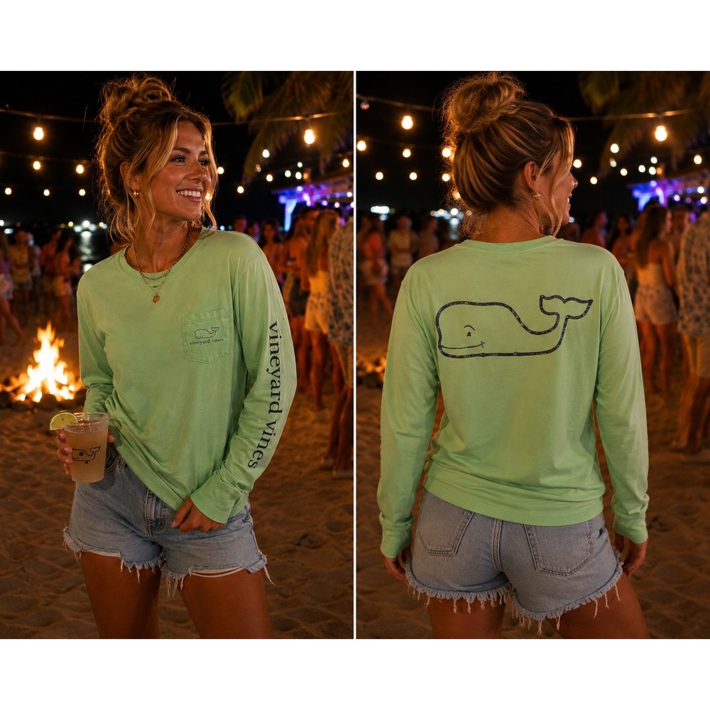 Vineyard Vines Women's XS Long Sleeve Pocket T-Shirt Green Whale Graphic Cotton